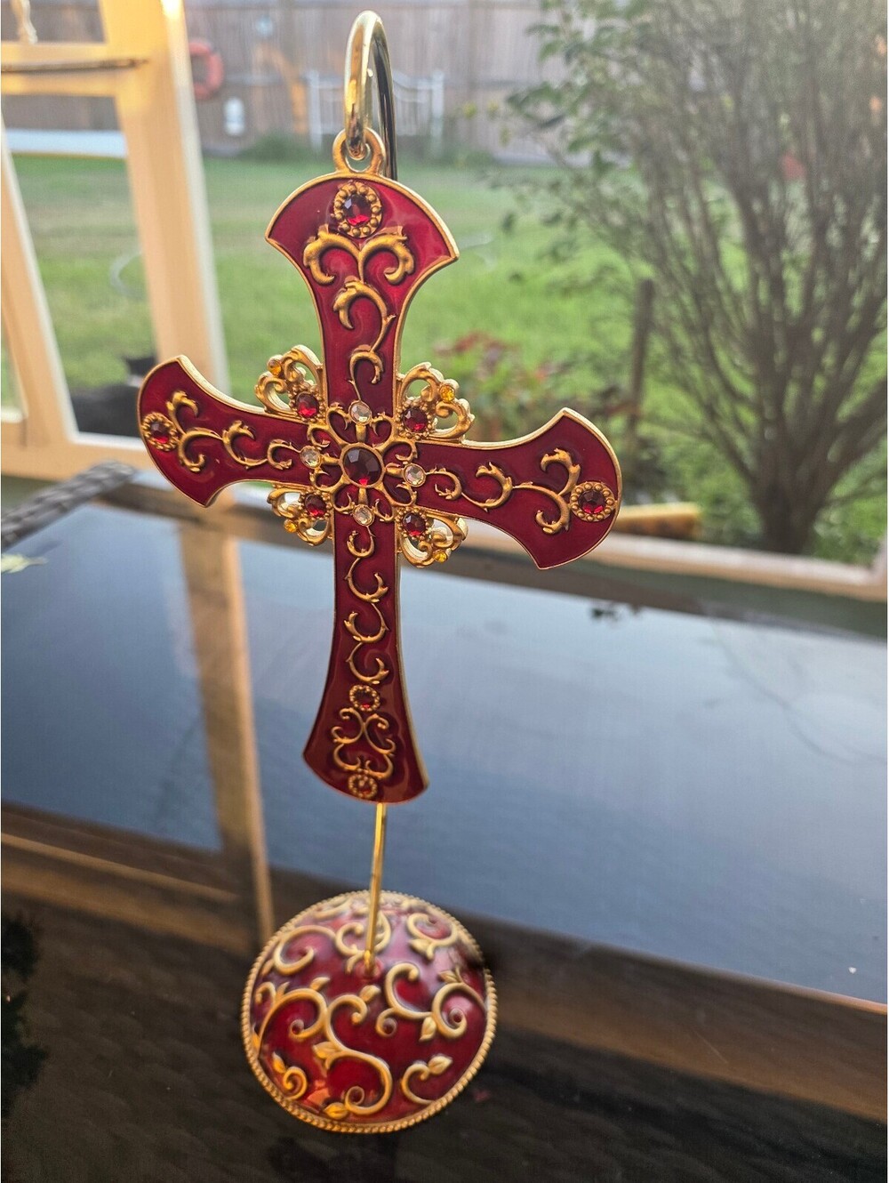 Elegant Red and Gold Decorative Cross with Stand